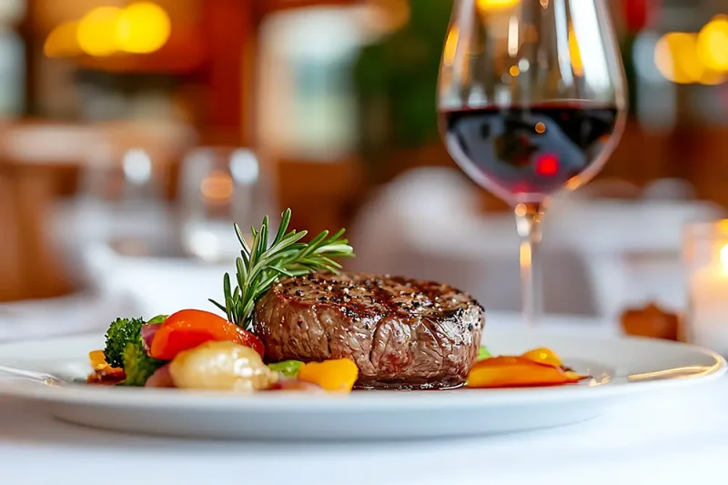 Steak on a white plate in a restaurant setting with a glass of red wine